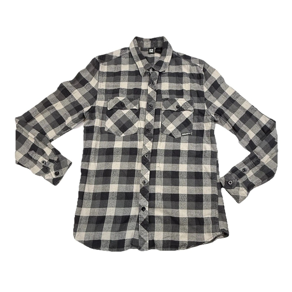 Rusty Flannel Button Up Long Sleeve Shirt Gray Black Plaid Mens Small